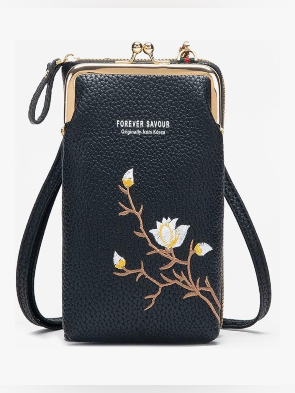 Embroidered Black Floral Crossbody Phone Bag